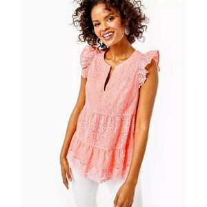 Lilly Pulitzer Keila Top Peach Hyacinth Floral Arch Eyelet Size‎ 6 Coastal Vibe